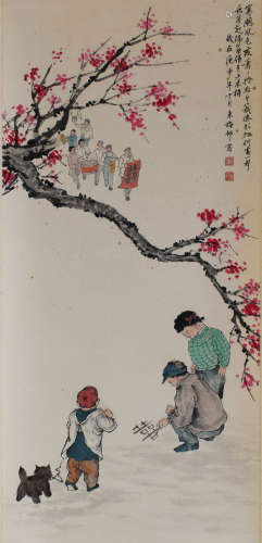 A CHINESE FIGURES&FLOWERS PAINTING SCROLL ZHU MEICUN MARK