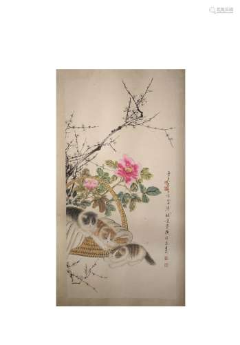 A CHINESE CAT&BUTTERFLY PAINTING SCROLL CAO KEJIA AND WANG XUETAO MARK