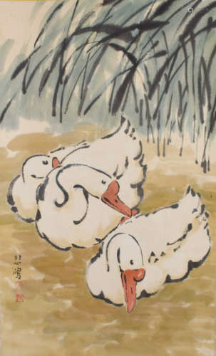A CHINESE GOOSE PAINTING SCROLL XU BEIHONG MARK