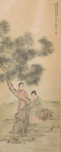 A CHINESE FIGURES PAINTING SCROLL GUAN PINGHU MARK