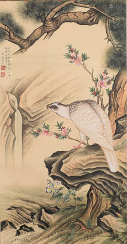 A CHINESE FLOWER&BIRD PAINTING SCROLL MA JIN MARK