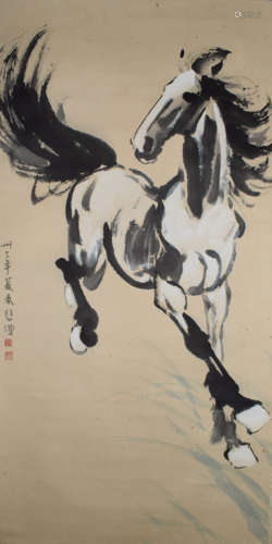 A CHINESE HORSE PAINTING SCROLL XU BEIHONG MARK