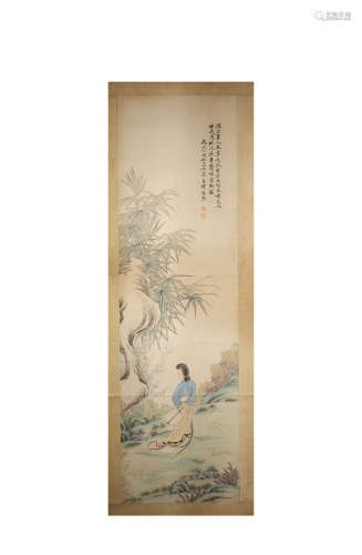 A CHINESE FIGURE PAINTING SCROLL ZHANG XIONG MARK