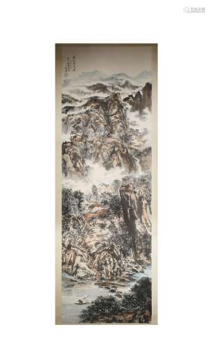 A CHINESE LANDSCAPE HANGING PAINTING SCROLL