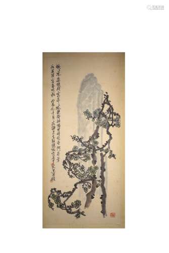 A CHINESE PLUM BLOSSOM PAINTING SCROLL WU CHANGSHUO MARK