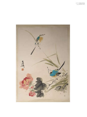A CHINESE FLOWER&BIRD PAINTING SCROLL WANG XUETAO MARK