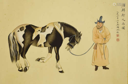 A CHINESE FIGURE&HORSE PAINTING WU HUFAN MARK