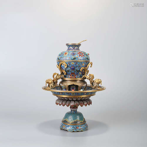 A GILT-BRONZE CLOISONNE ENAMEL VASE INKSTONE BOX WITH LOTUS STANDING