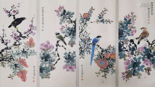 CHINESE FLOWER&BIRD FOUR PIECES HANGING PAINTING SCREENS LU YIFEI MARK