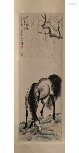 A CHINESE HORSE PAINTING SCROLL XU BEIHONG MARK