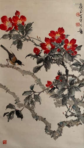 A CHINESE FLOWER&BIRD PAINTING SCROLL HUANG HUANWU MARK