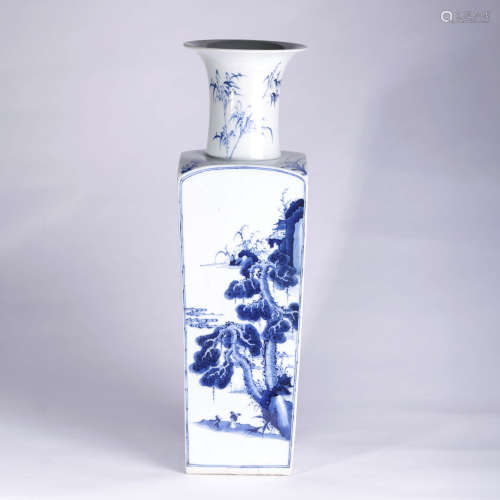 A BLUE AND WHITE LANDSCAPE PORCELAIN INSCRIBED SQUARE VASE