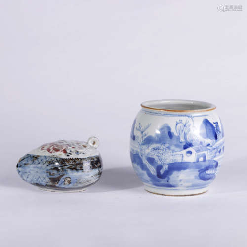 A BLUE AND WHITE PORCELAIN WATER COUPE AND PORCELAIN JAR SET OF 2