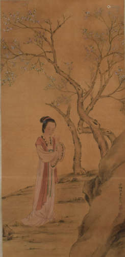A CHINESE IN RED WOMAN PAINTING SILK SCROLL CHEN SHAOMEI MARK
