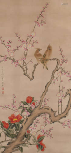 A CHINESE FLOWER&BIRD PAINTING SCROLL CHEN ZHIFO MARK