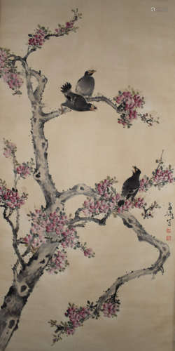 A CHINESE FLOWERS&BIRDS PAINTING SCROLL WANG XUETAO MARK