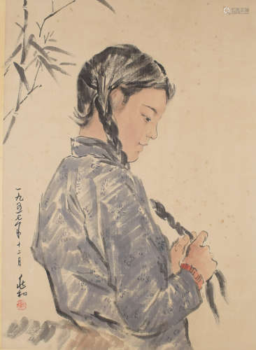 A CHINESE FIGURE PAINTING SCROLL JIANG ZHAOHE MARK