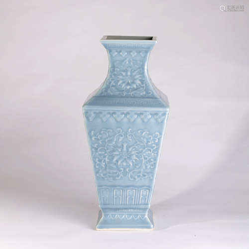 AN AZURE GLAZE LOTUS CARVED PORCELAIN SQUARE VASE