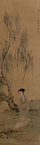 A CHINESE FIGURE PAINTING SCROLL CHEN SHAOMEI MARK