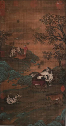 A CHINESE EIGHT HORSE PAINTING SILK SCROLL ZHAO MENGFU MARK