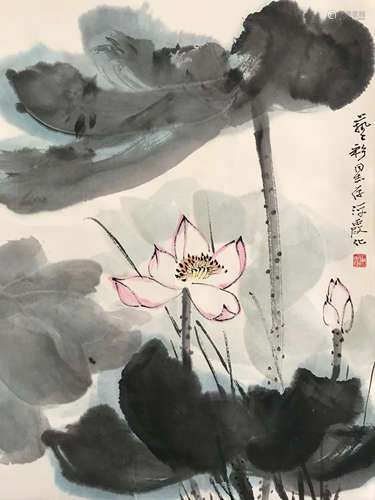 A CHINESE LOTUS PAINTING SCROLL HE HAIXIA MARK