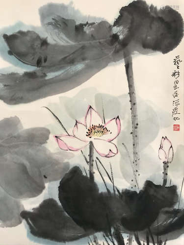 A CHINESE LOTUS PAINTING SCROLL HE HAIXIA MARK