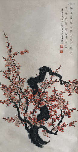 A CHINESE PLUM BLOSSOM PAINTING SCROLL DING FUZHI MARK