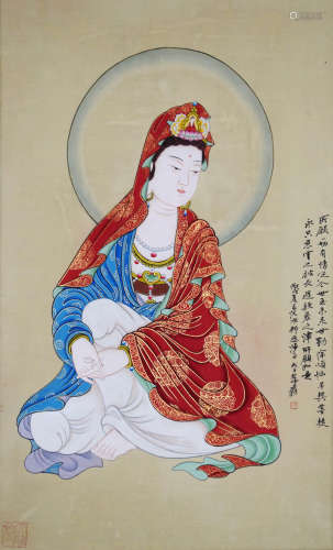 A CHINESE BUDDHA PAINTING SILK SCROLL ZHANG DAQIAN MARK