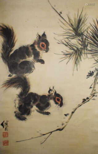 A CHINESE TWO SQUIRRELS PAINTING SCROLL LIU JIYOU MARK