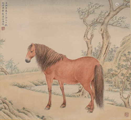 A CHINESE RED HORSE PAINTING SCROLL MA JIN MARK