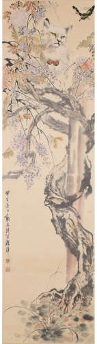 A CHINESE CAT PAINTING SCROLL CHENG ZHANG MARK