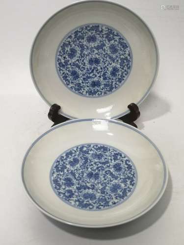 Pair Blue and White Lotus Scrolls Saucers Daoguang Style
