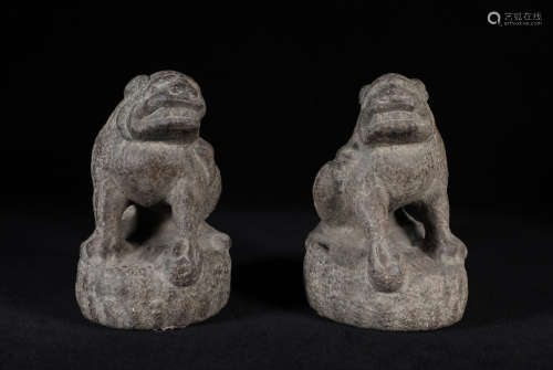 Pair Carved Stone Beasts Ming Style