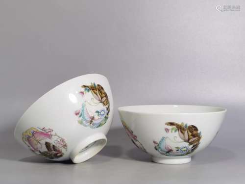 Pair Famille Rose Butterflies Bowls Yongzheng Style