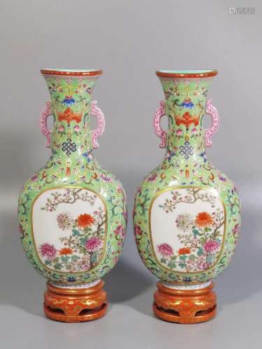 Pair Famille Rose Wall Vases Qianlong Style