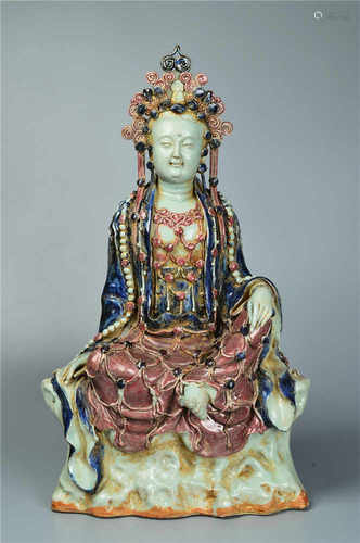 A blue and white and copper red guanyin