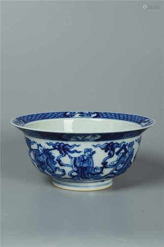 A blue and white bowl painted with figure