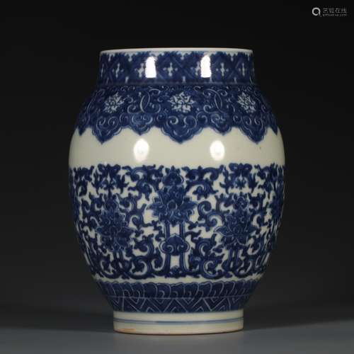 A blue and white us scroll jar