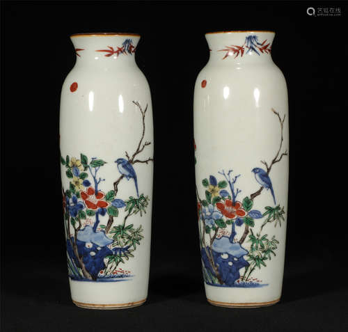 Pair Famille Verte Sleeve Vases Kangxi Style