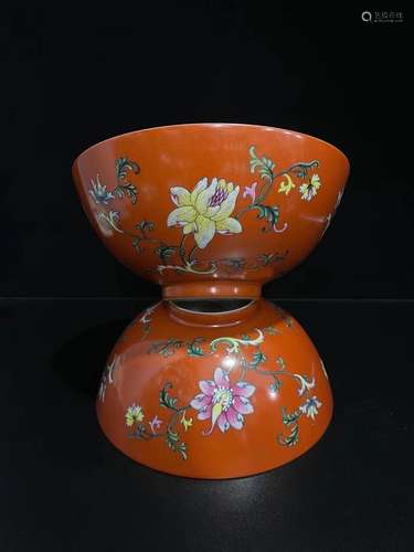 Pair Famille Rose Bowls Qianlong Style Kangxi Style