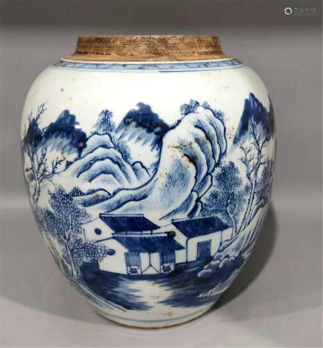 Blue and White Landscape Jar Kangxi Style