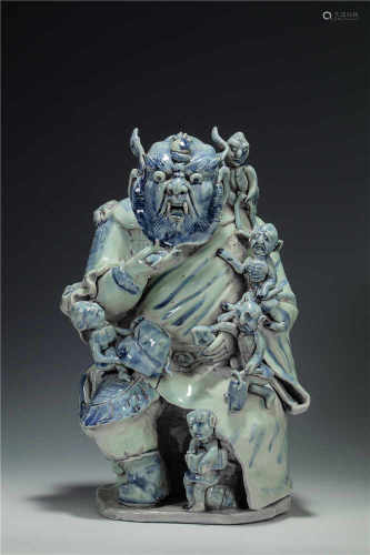 Blue and White Kiln Zhong Kui Hunts Ghost Statue from Yuan