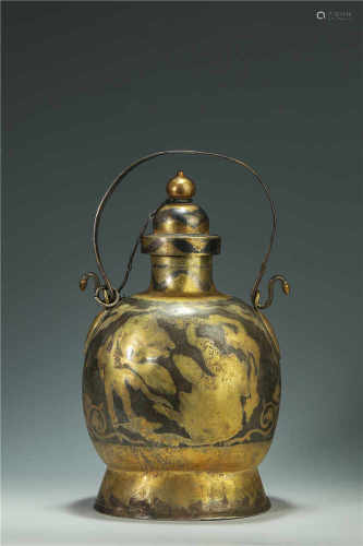 Copper and Golden Lion Grain Vase from Liao