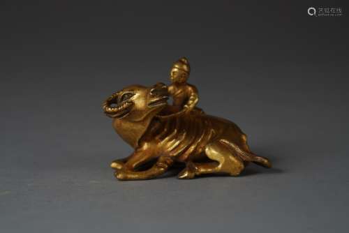 Copper and Golden Ornament in Child Plays with Ox from Qing