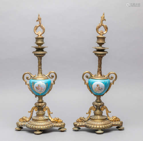 Pairs of Louis XVI Style Enameled & Brass Candlesticks