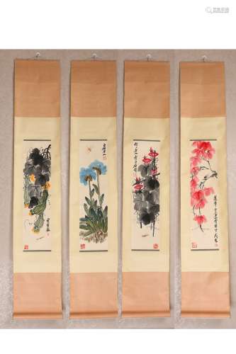 A Set of Four Vertical Paintings  by Qi Baishi