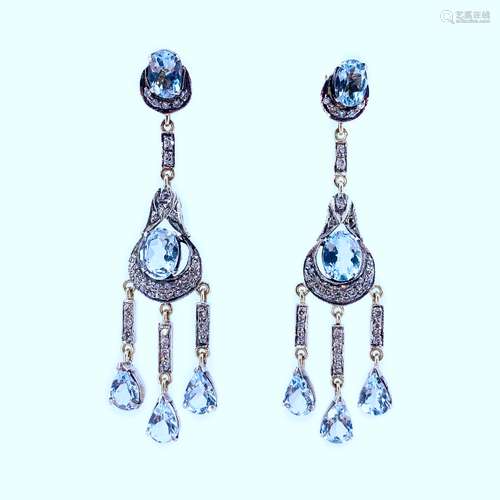 Antique.  Aquamarine and Diamond Eardrops , in around 1900