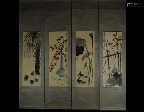 A Set of Four Paintings : Flowers and Birds by Qi Baishi