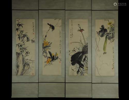 A Set of Four Paintings :Flowers and Birds  by Tang Yin