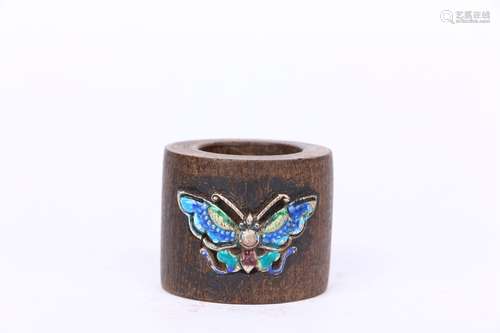 Old  Eaglewood Enameling Thumb Ring with  Butterfly Design